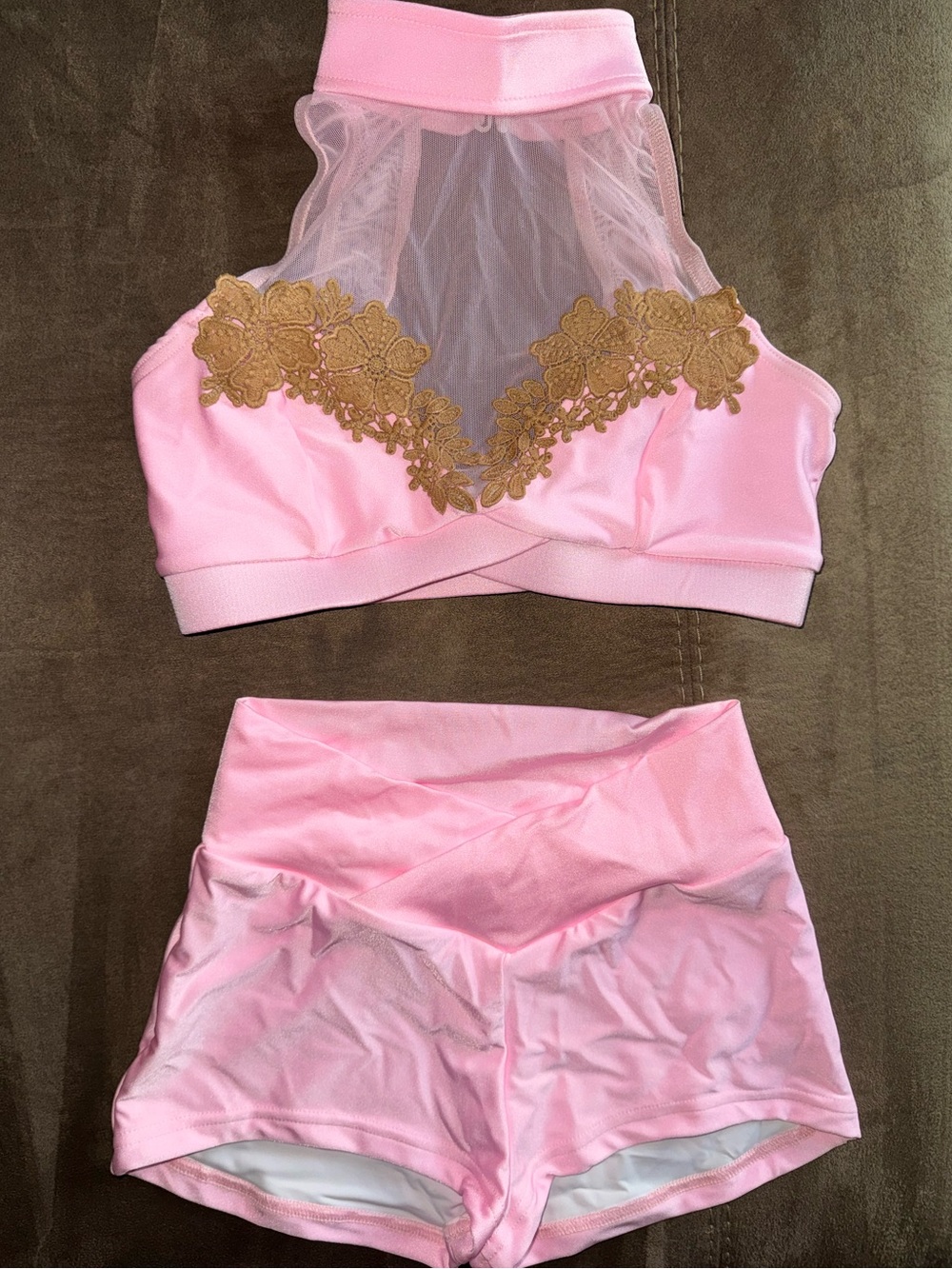 Pink Lace-Accent High Neck Bralette & High-Waist Shorts Set - Dance/NFL cheer